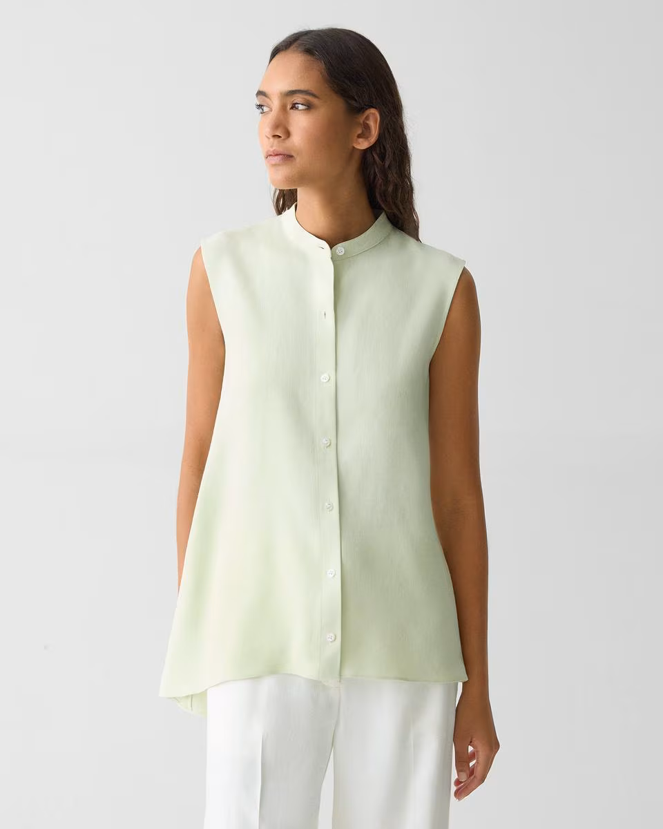 Sleeveless Asymmetrical Shirt in Linen-Viscose