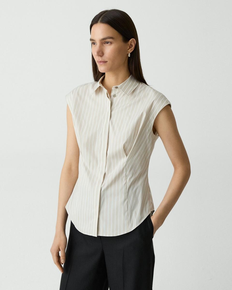 Cinched Cap-Sleeve Shirt in Striped Cotton-Blend