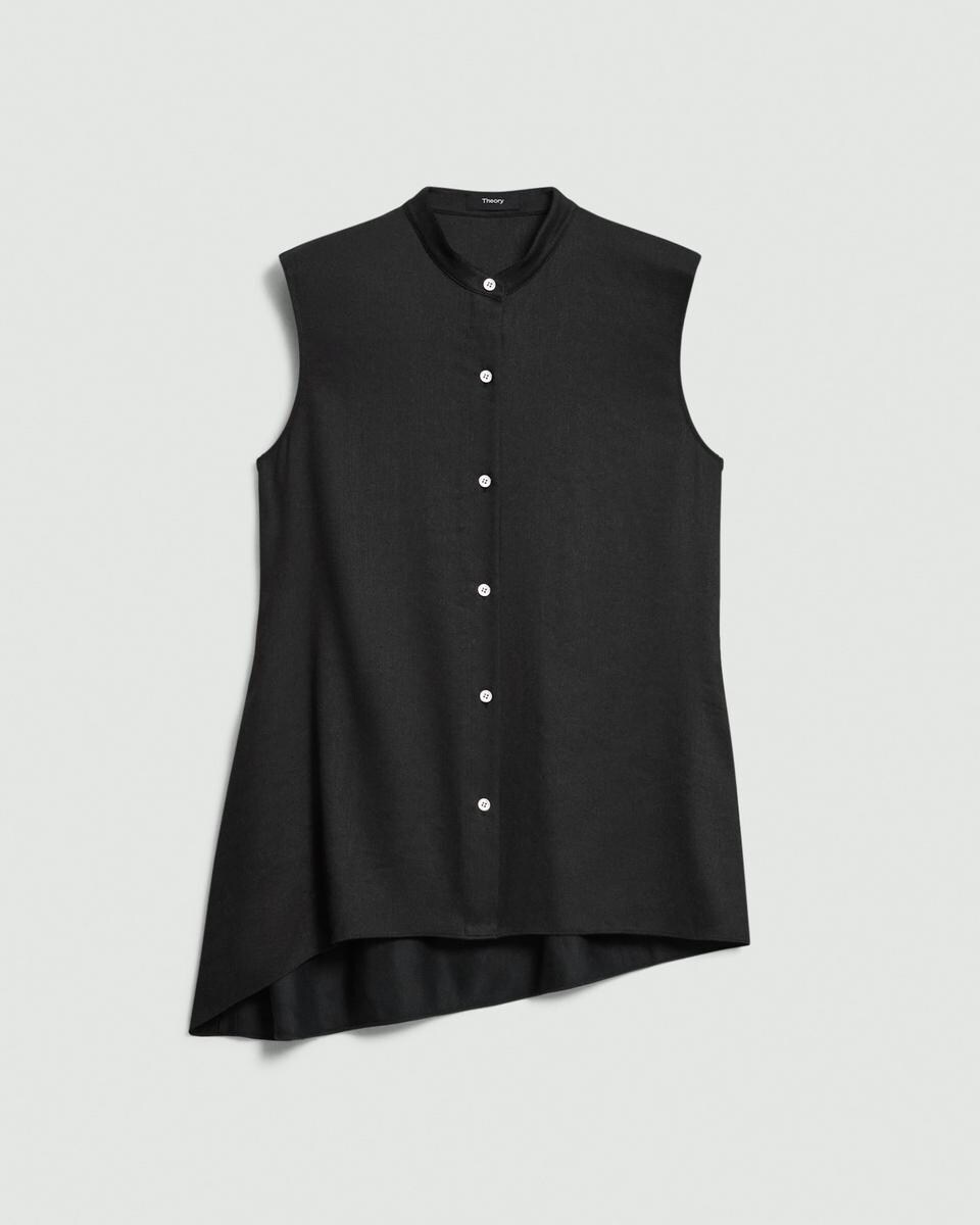 Sleeveless Asymmetrical Shirt in Linen-Viscose
