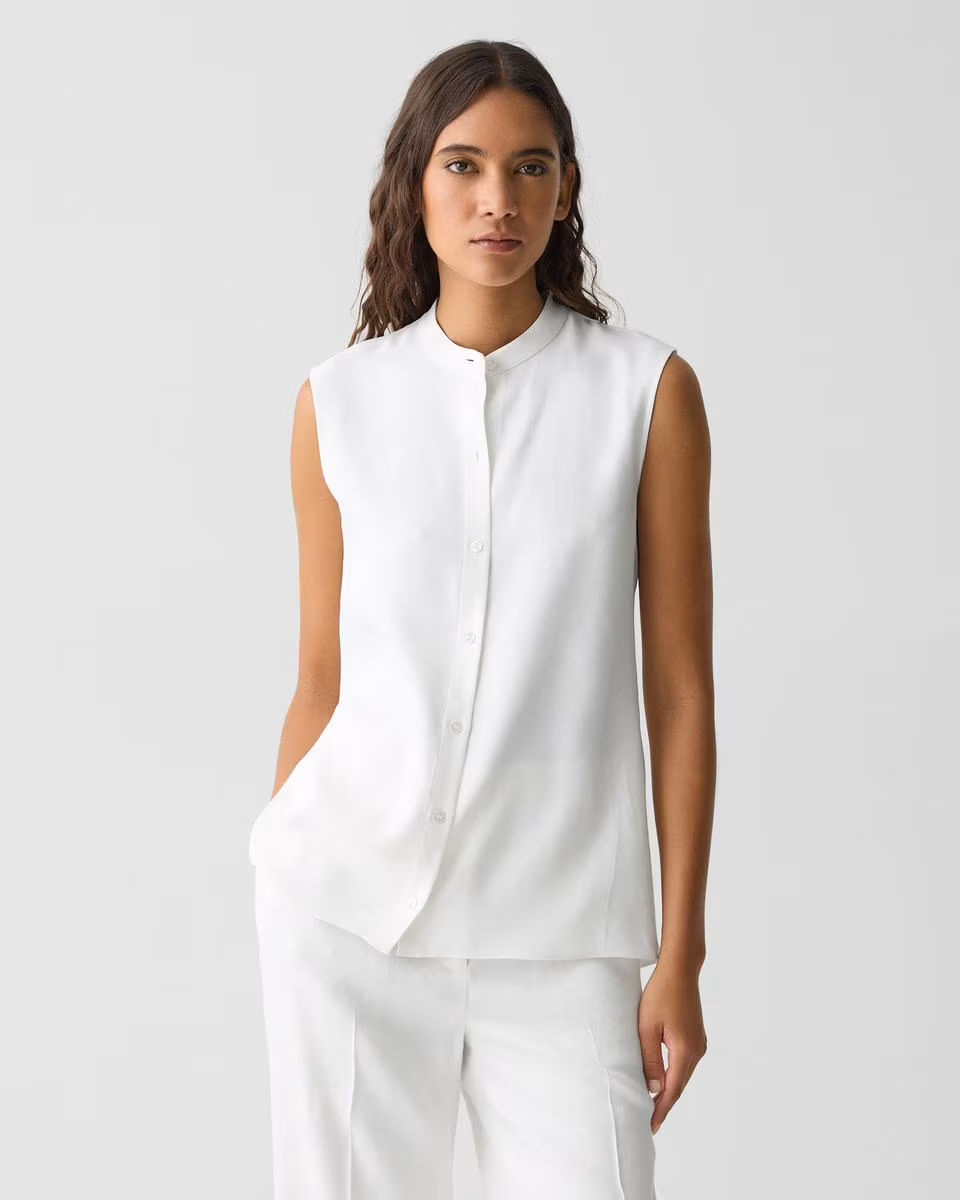 Sleeveless Asymmetrical Shirt in Linen-Viscose