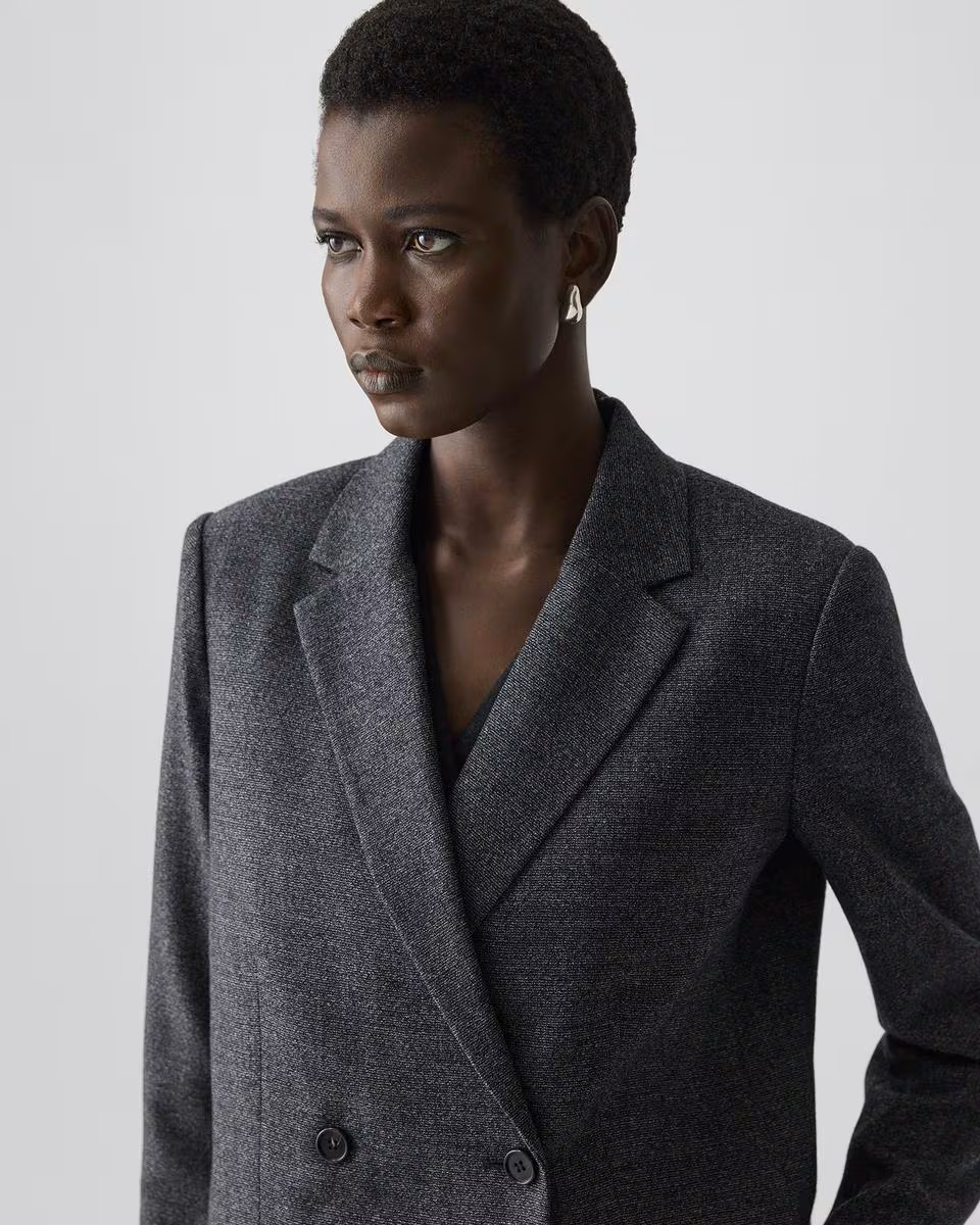 Relaxed Double-Breasted Blazer in Marled Flannel