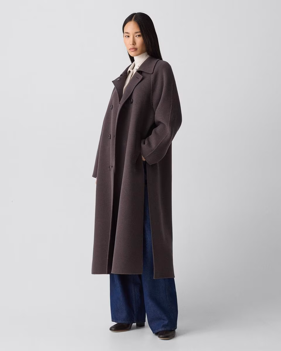 Long Double-Breasted Coat in Textured Wool-Cashmere