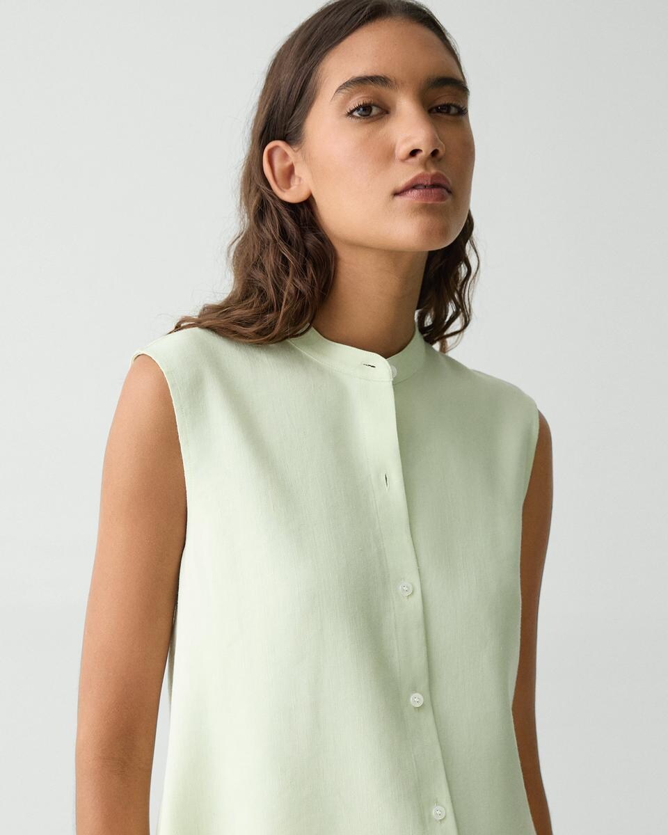 Sleeveless Asymmetrical Shirt in Linen-Viscose