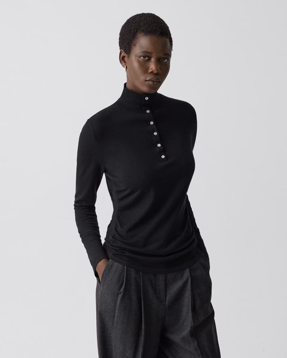 Shirred Henley Sweater in Regal Wool