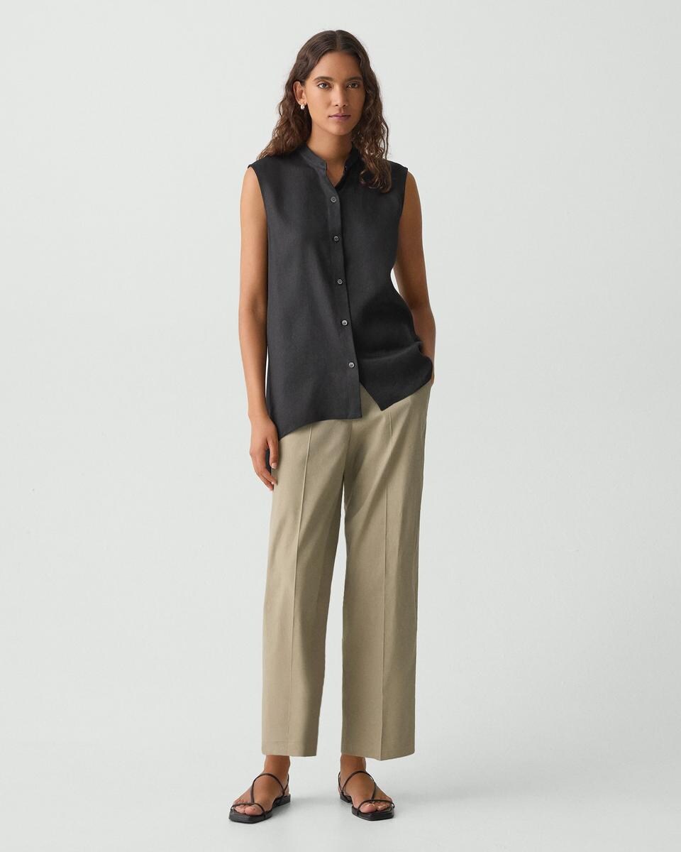 Sleeveless Asymmetrical Shirt in Linen-Viscose