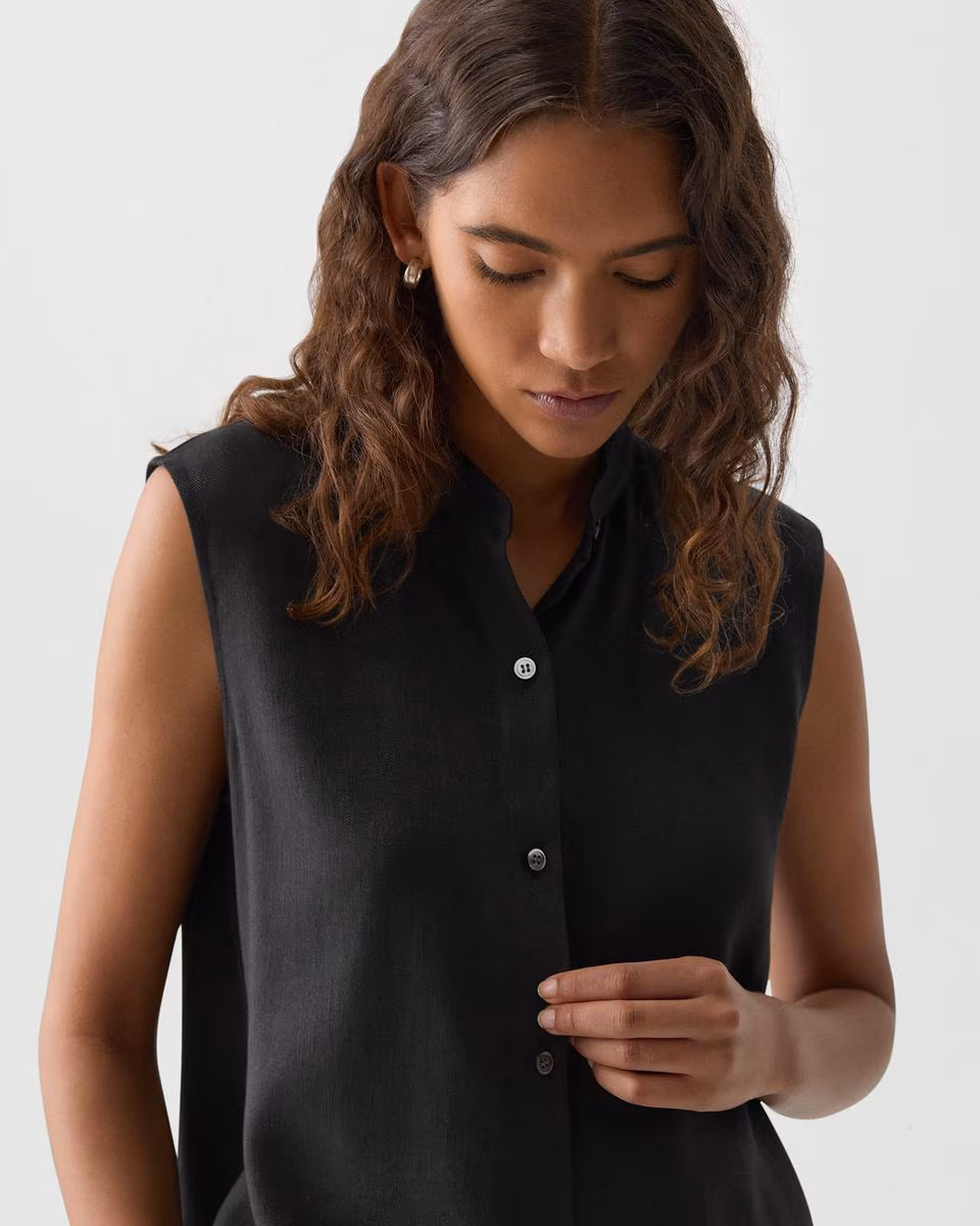 Sleeveless Asymmetrical Shirt in Linen-Viscose