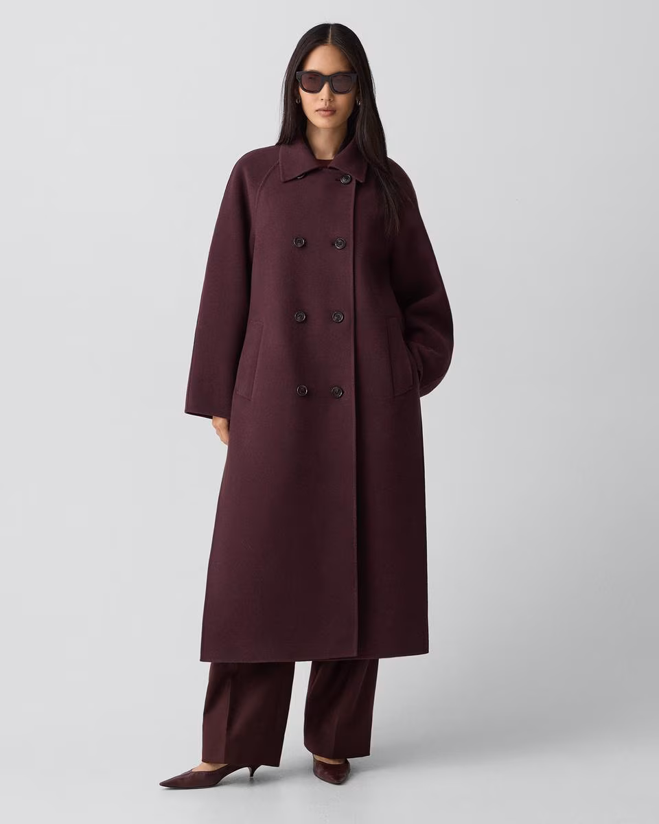 Long Double-Breasted Coat in Textured Wool-Cashmere