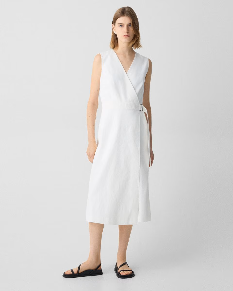 Sleeveless A-Line Wrap Dress in Good Linen