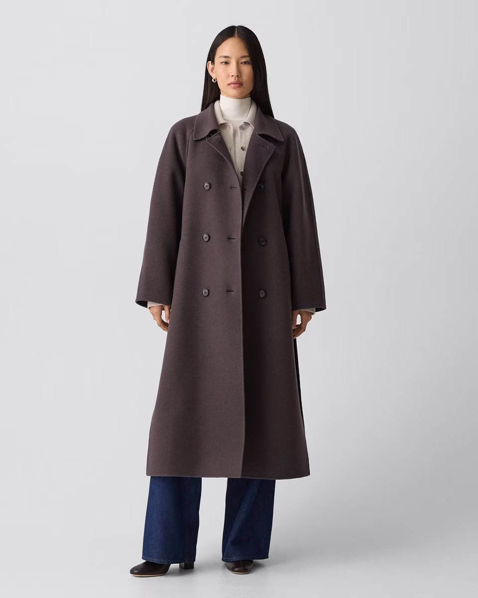 Long Double-Breasted Coat in Textured Wool-Cashmere