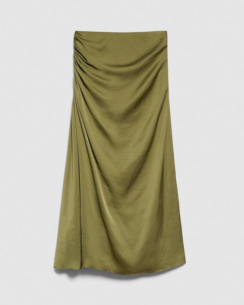 Ruched Midi Skirt in Crushed Satin