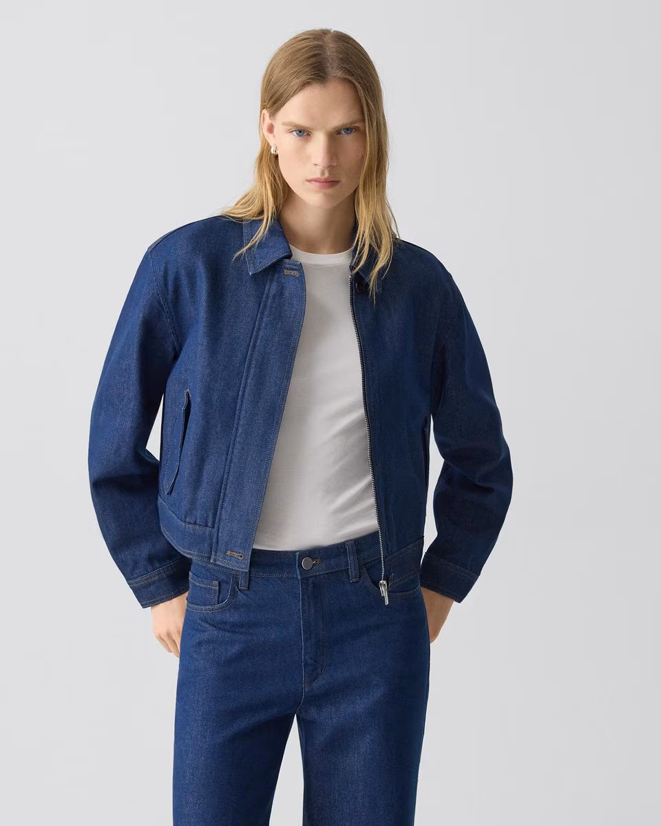 Cropped Track Jacket in Relaxed Denim