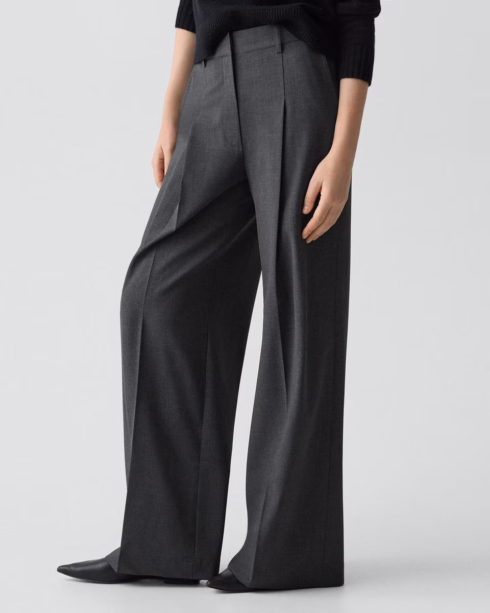 Pleated Wide-Leg Pant, 33'' in Good Wool