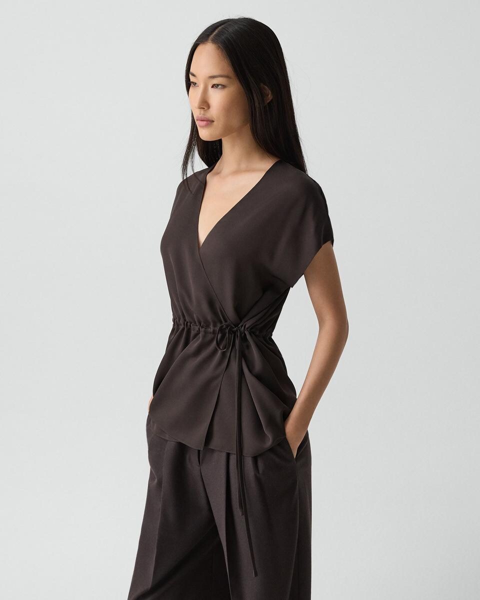 Short-Sleeve Wrap Top in Silk Georgette