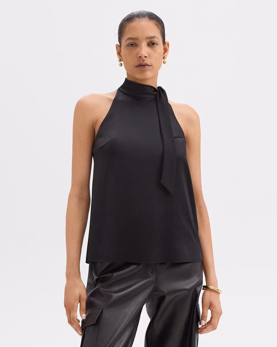 Tie-Neck Halter Top in Textured Satin