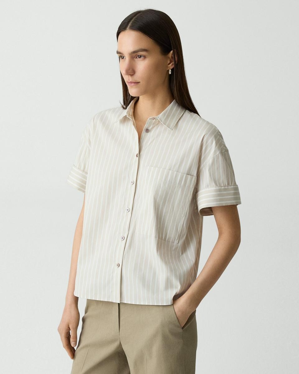 Cuffed Shirt in Striped Cotton-Blend