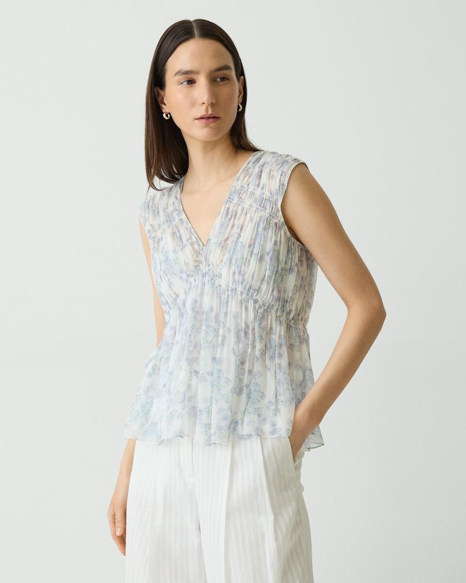 Ruched Sleeveless Top in Floral Silk
