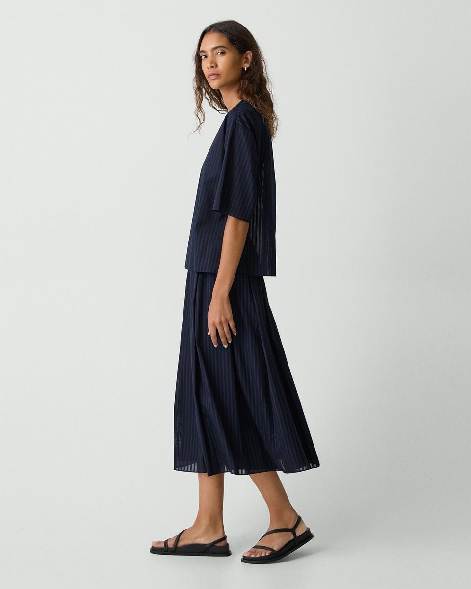 Pleated A-Line Skirt in Linear Cotton
