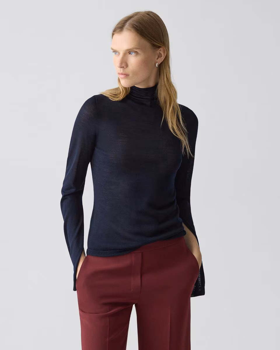 Slit Sleeve Turtleneck Sweater in Wool-Viscose