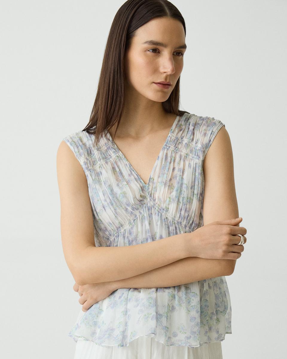 Ruched Sleeveless Top in Floral Silk