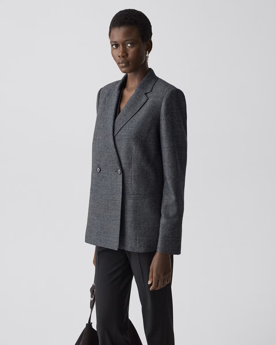 Relaxed Double-Breasted Blazer in Marled Flannel
