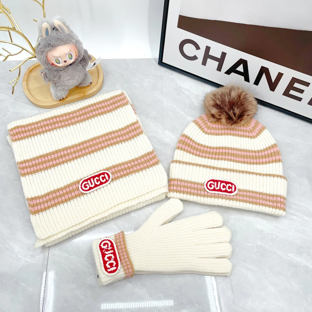 Striped wool knitted scarf hat gloves set