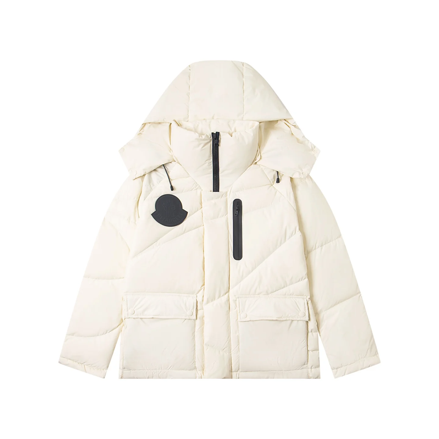 Printed rubber hooded down jacket