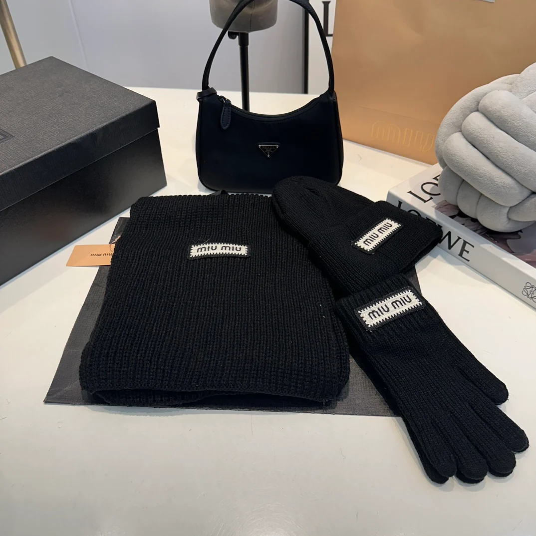 Embroidered knitted scarf hat gloves set