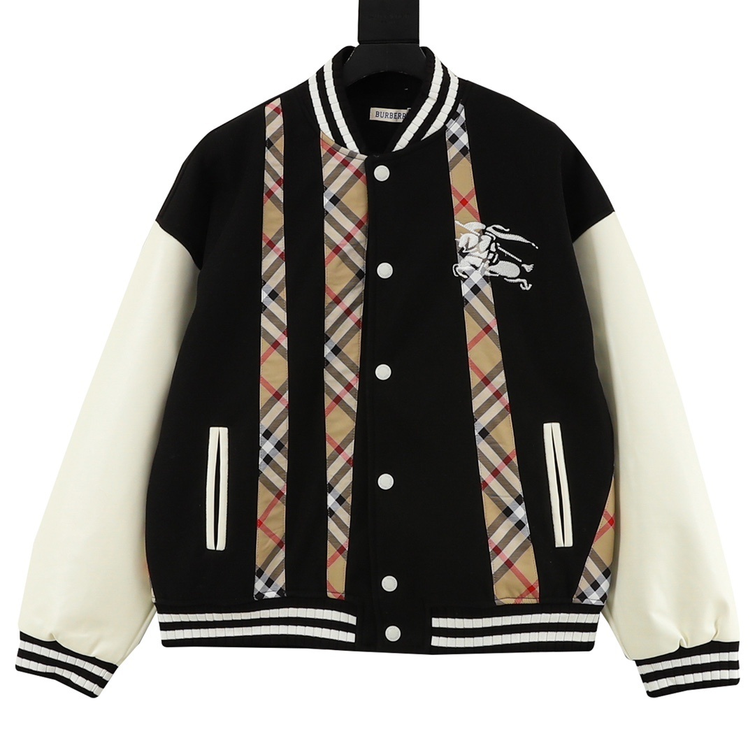 Checked leather-sleeved baseball jacket