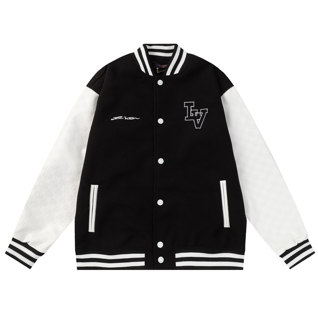 Leather-sleeved embroidered baseball jacket