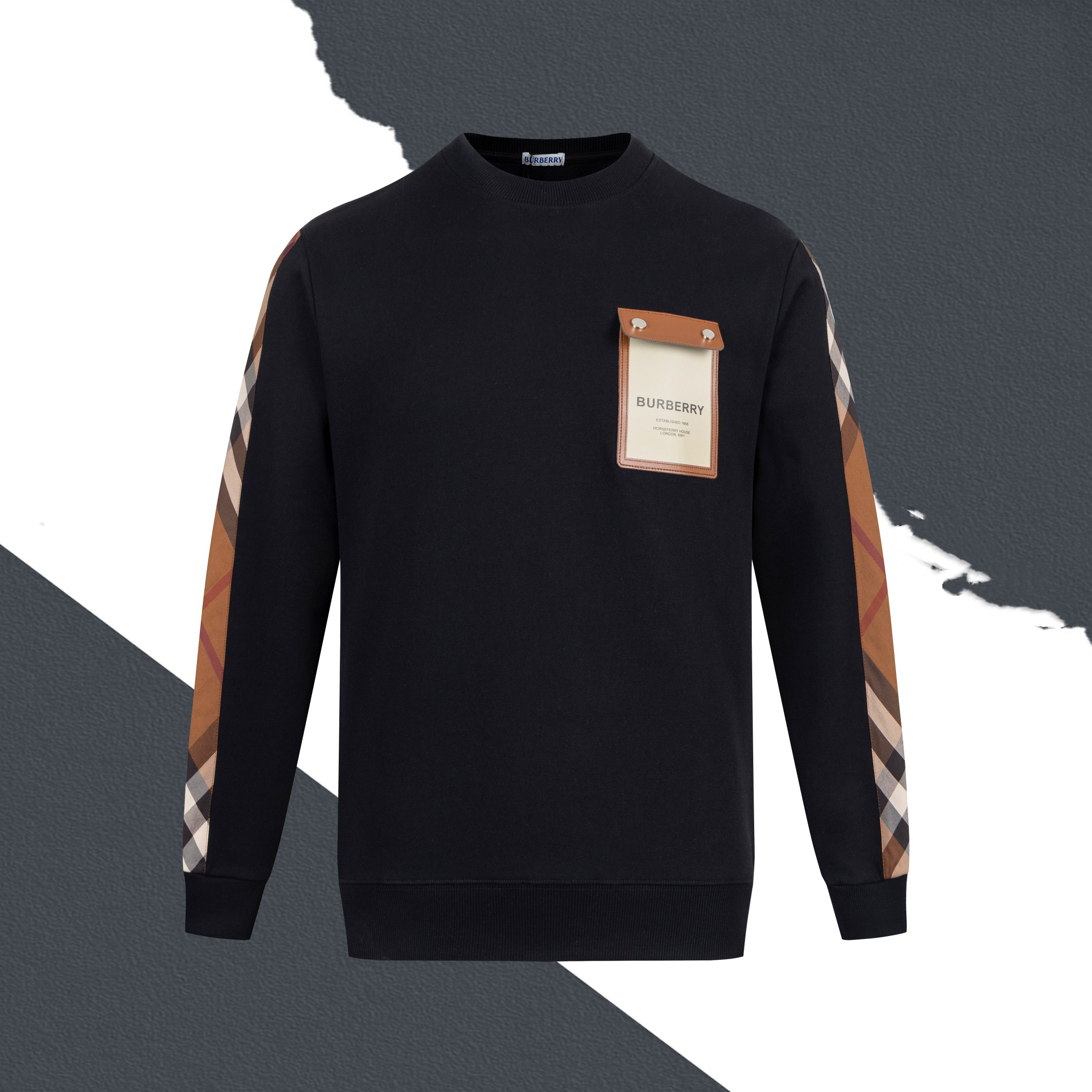 Leather Pocket Twill Crew Neck Sweatshirt
