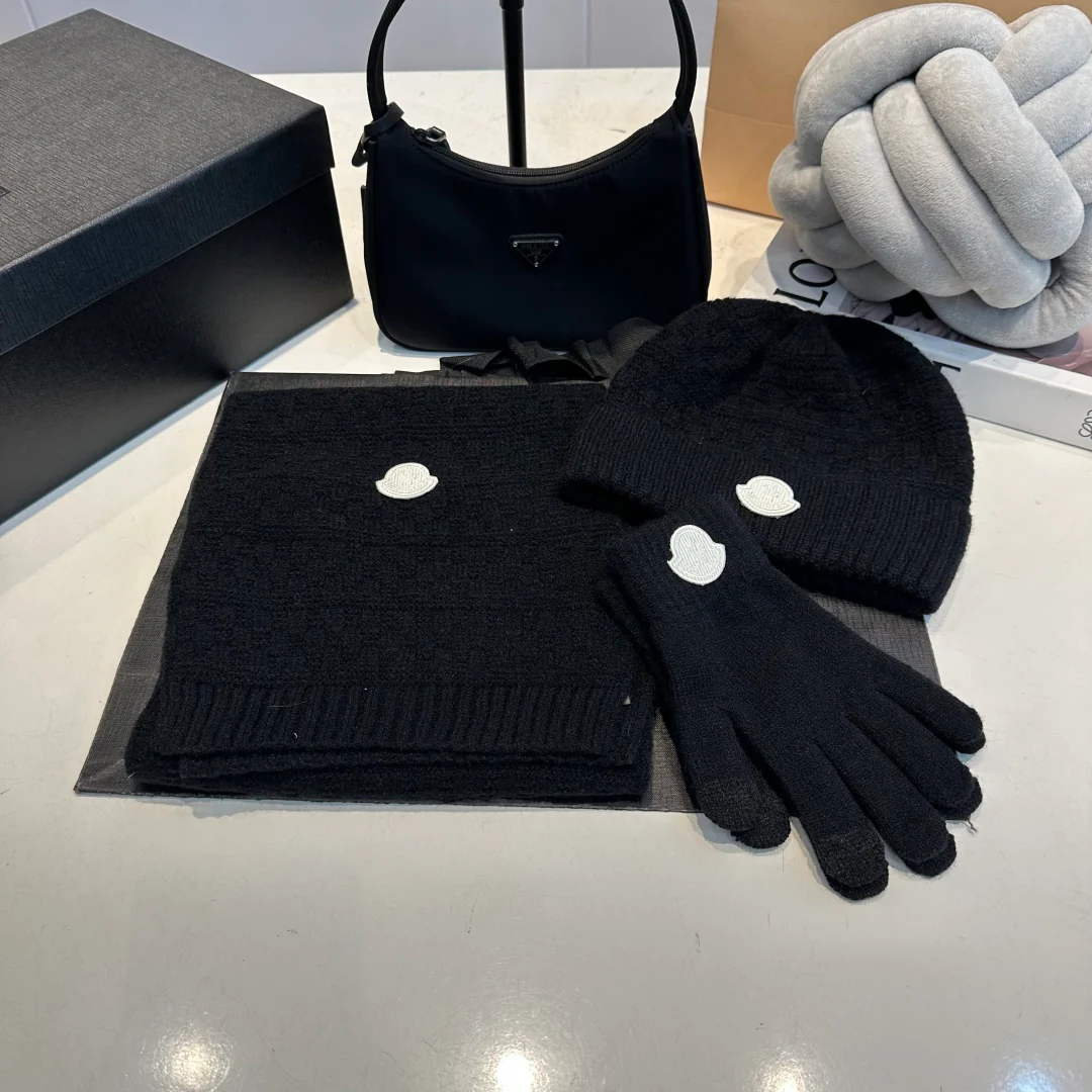Embroidery knitted scarf hat gloves set