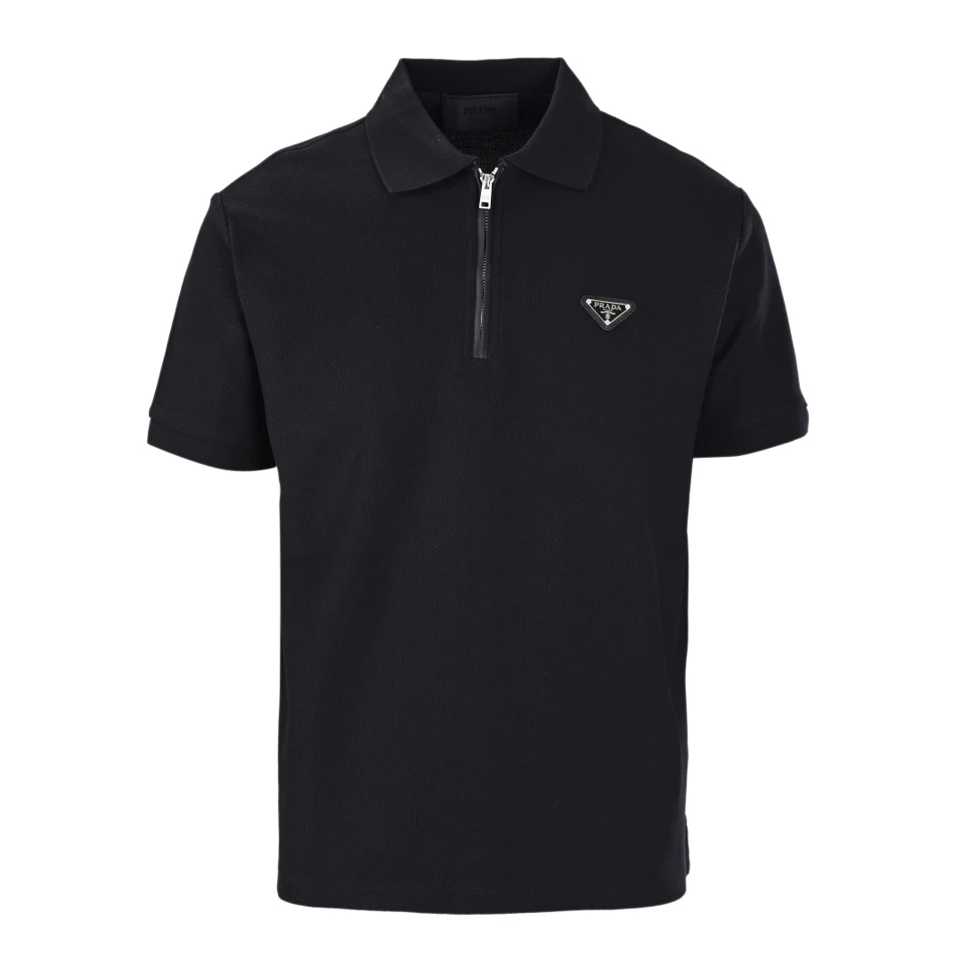 Cotton knit zip-up polo shirt