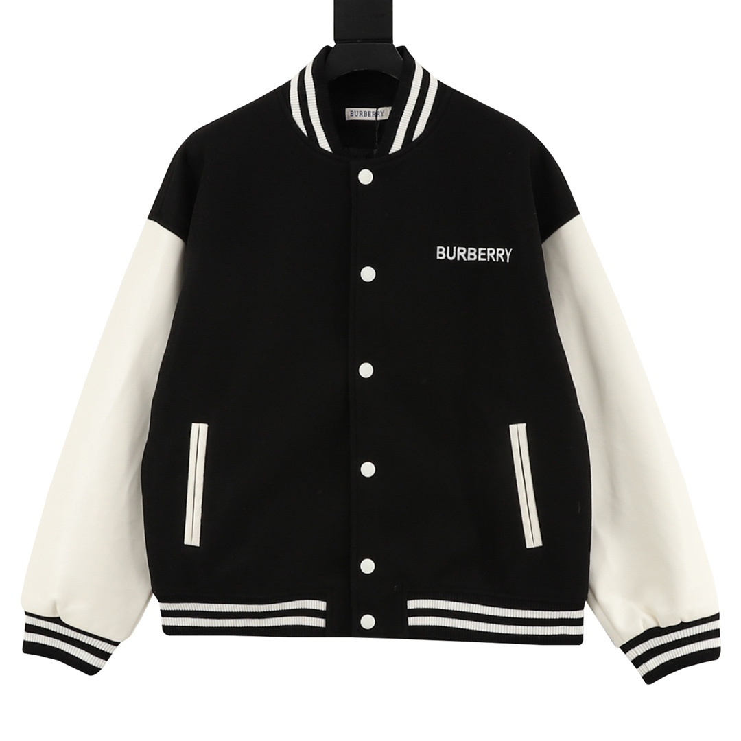 Embroidered leather-sleeved baseball jacket