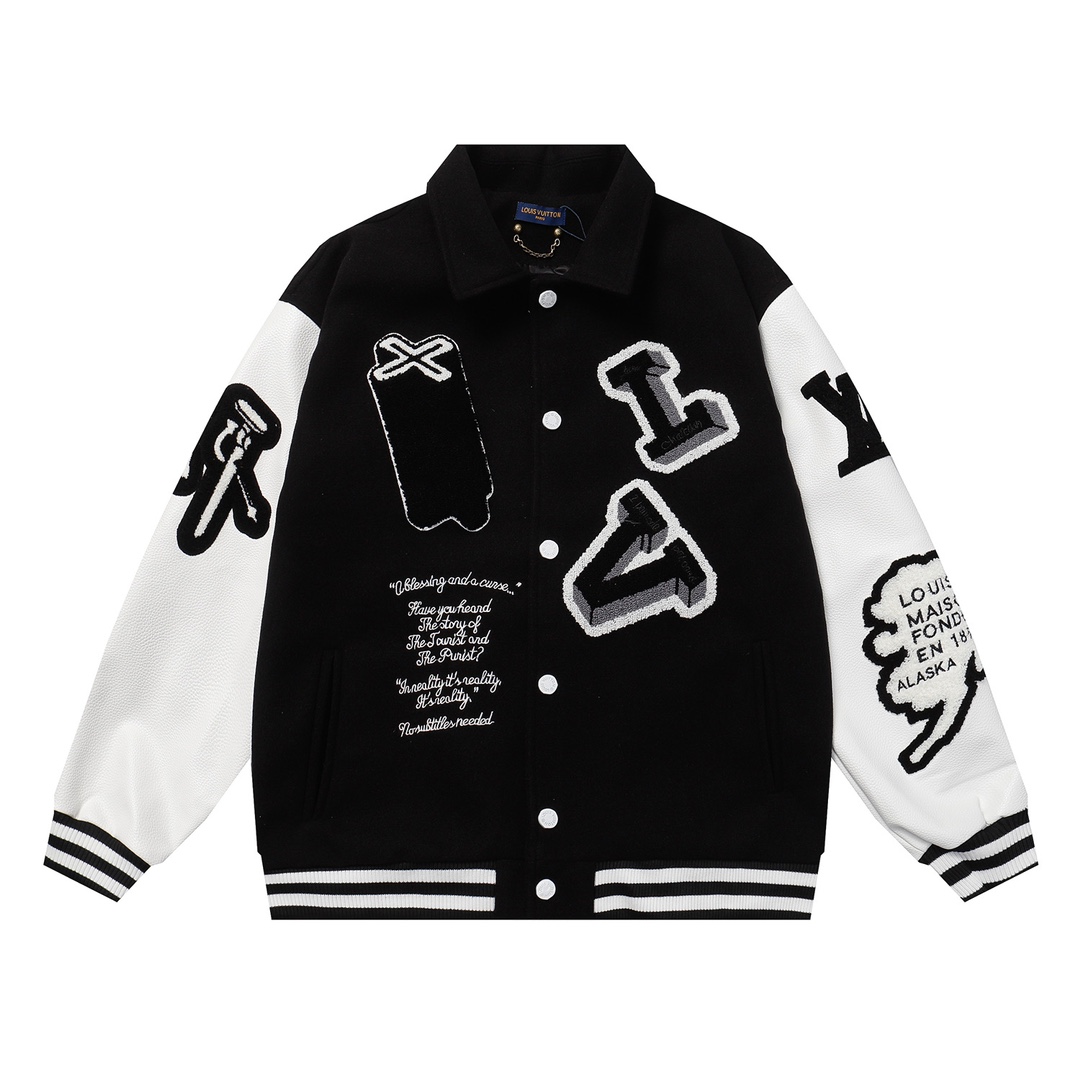 Lychee-textured cowhide baseball jacket