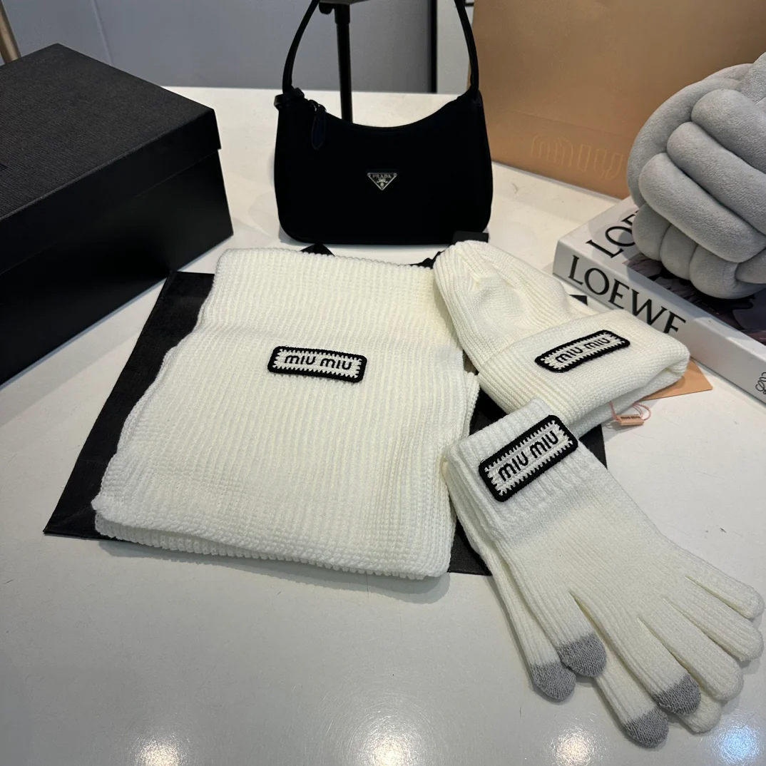 Embroidered knitted scarf hat gloves set