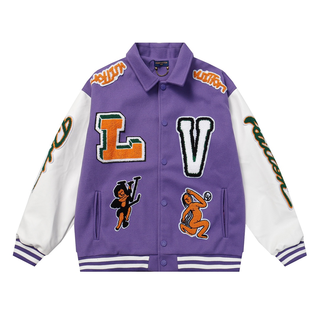 Leather-sleeved embroidered baseball jacket