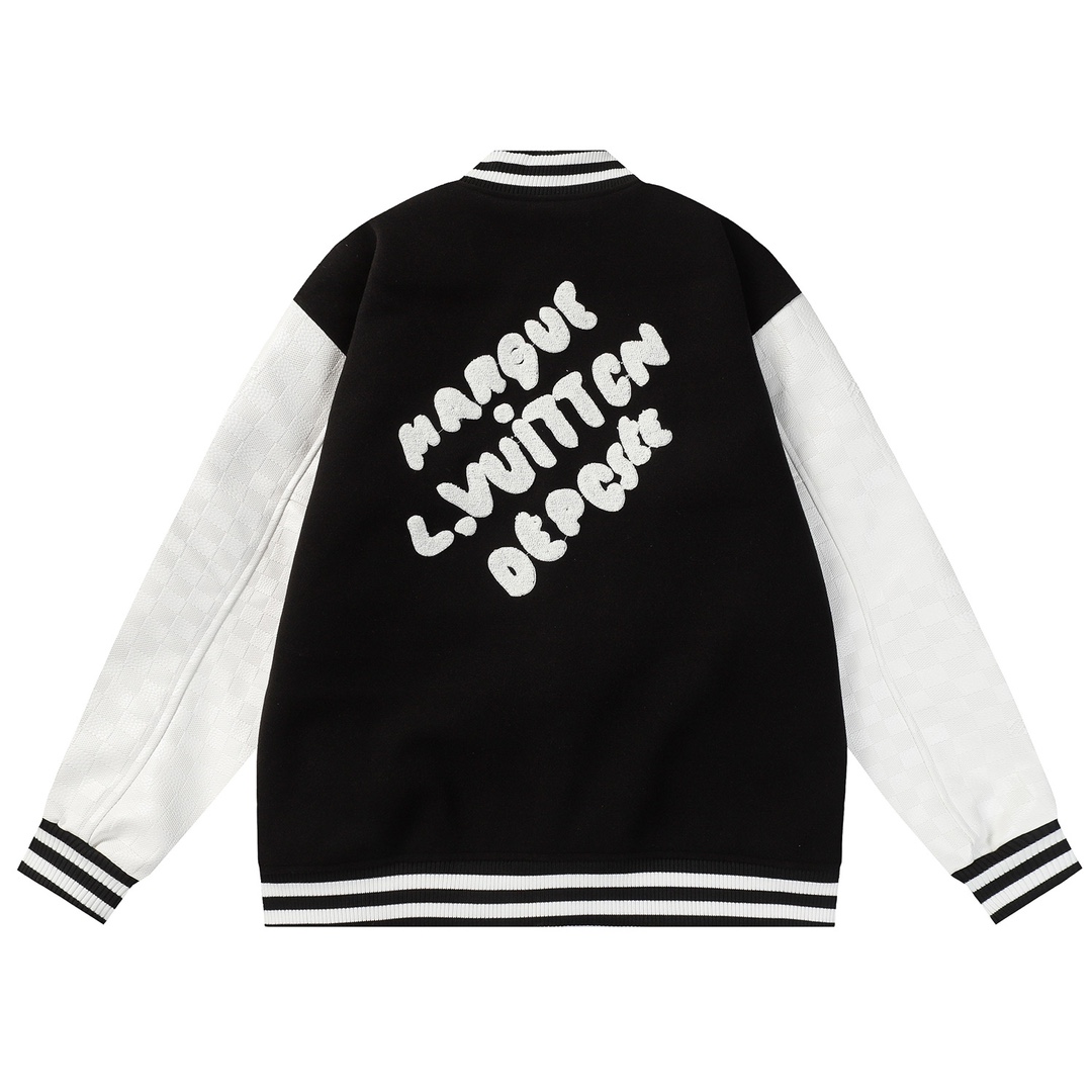 Leather-sleeved embroidered baseball jacket