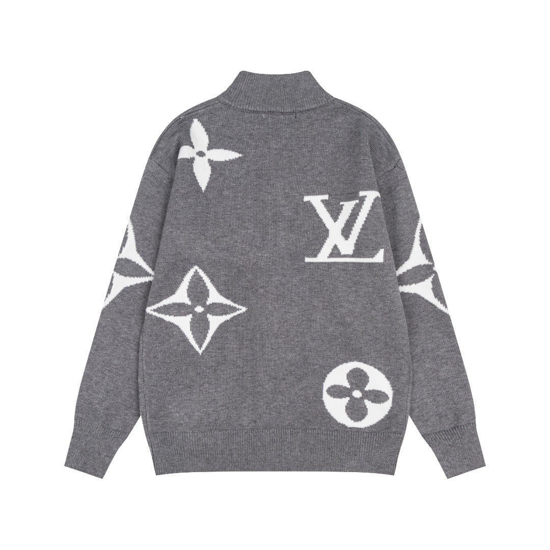 Jacquard zipper knitted sweater cardigan