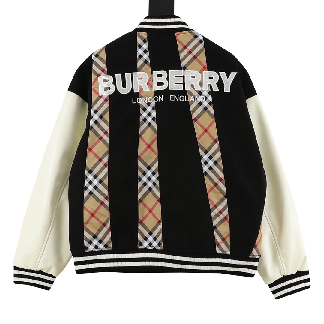 Checked leather-sleeved baseball jacket