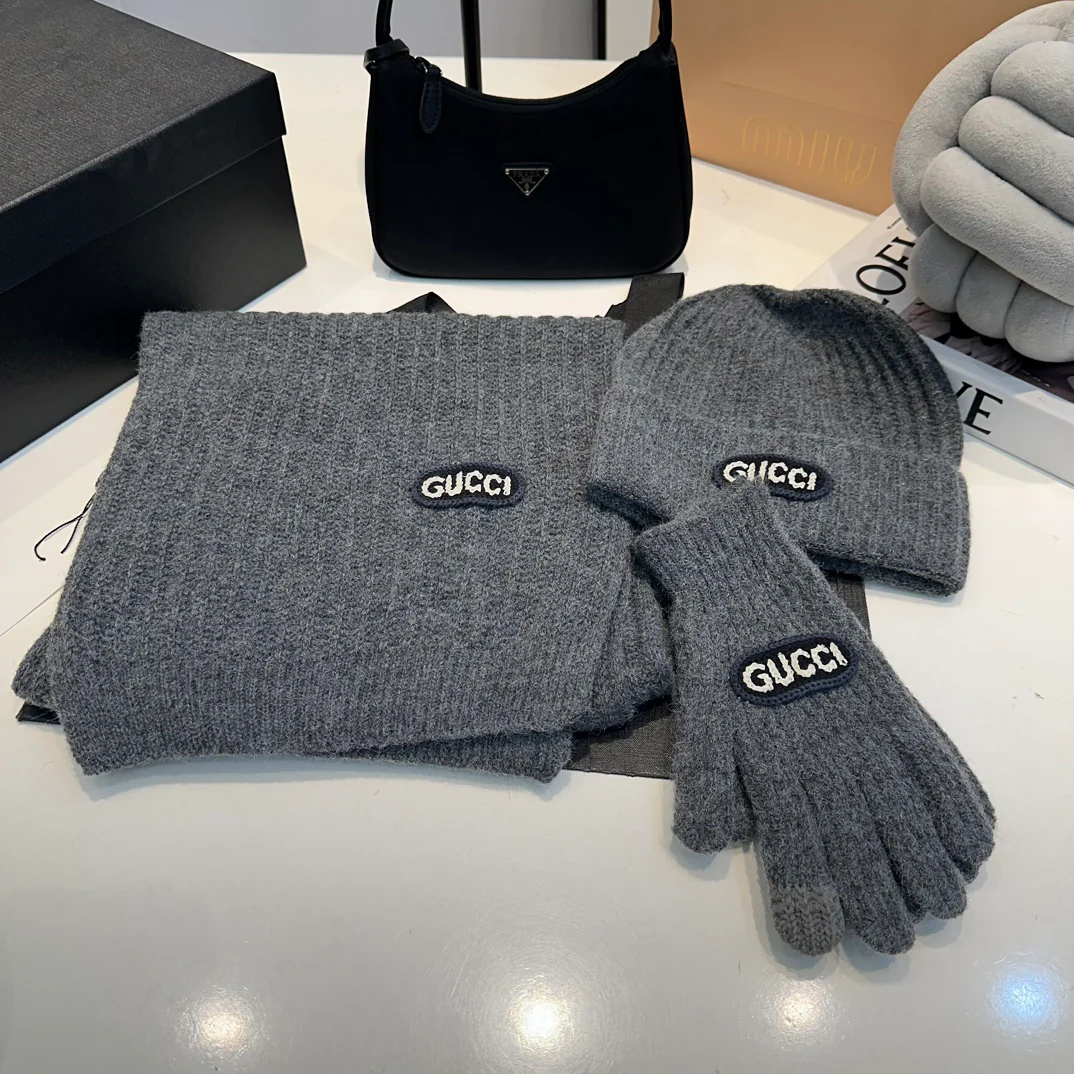 Embroidered knitted scarf hat gloves set