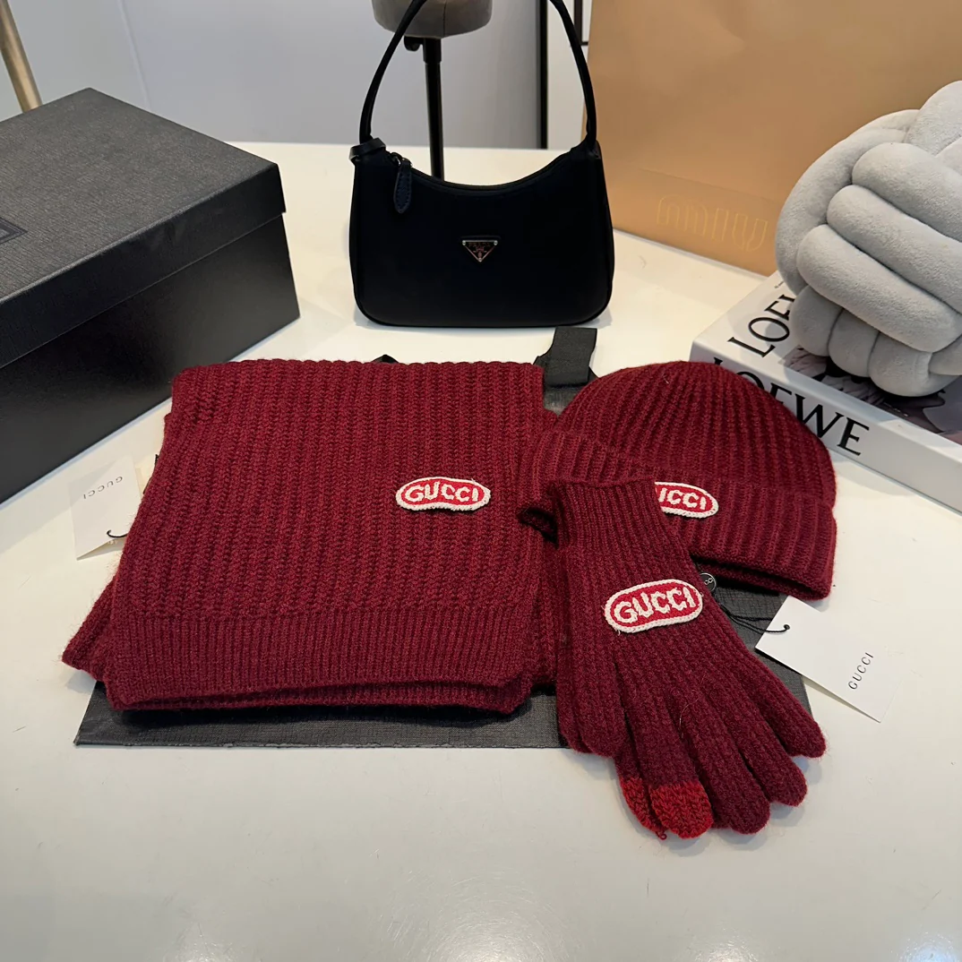 Embroidered knitted scarf hat gloves set