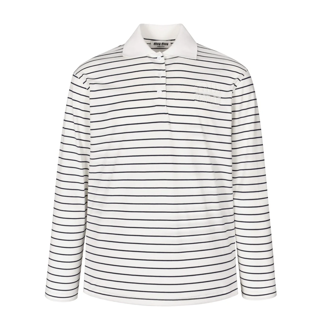 Striped patch long-sleeved polo shirt
