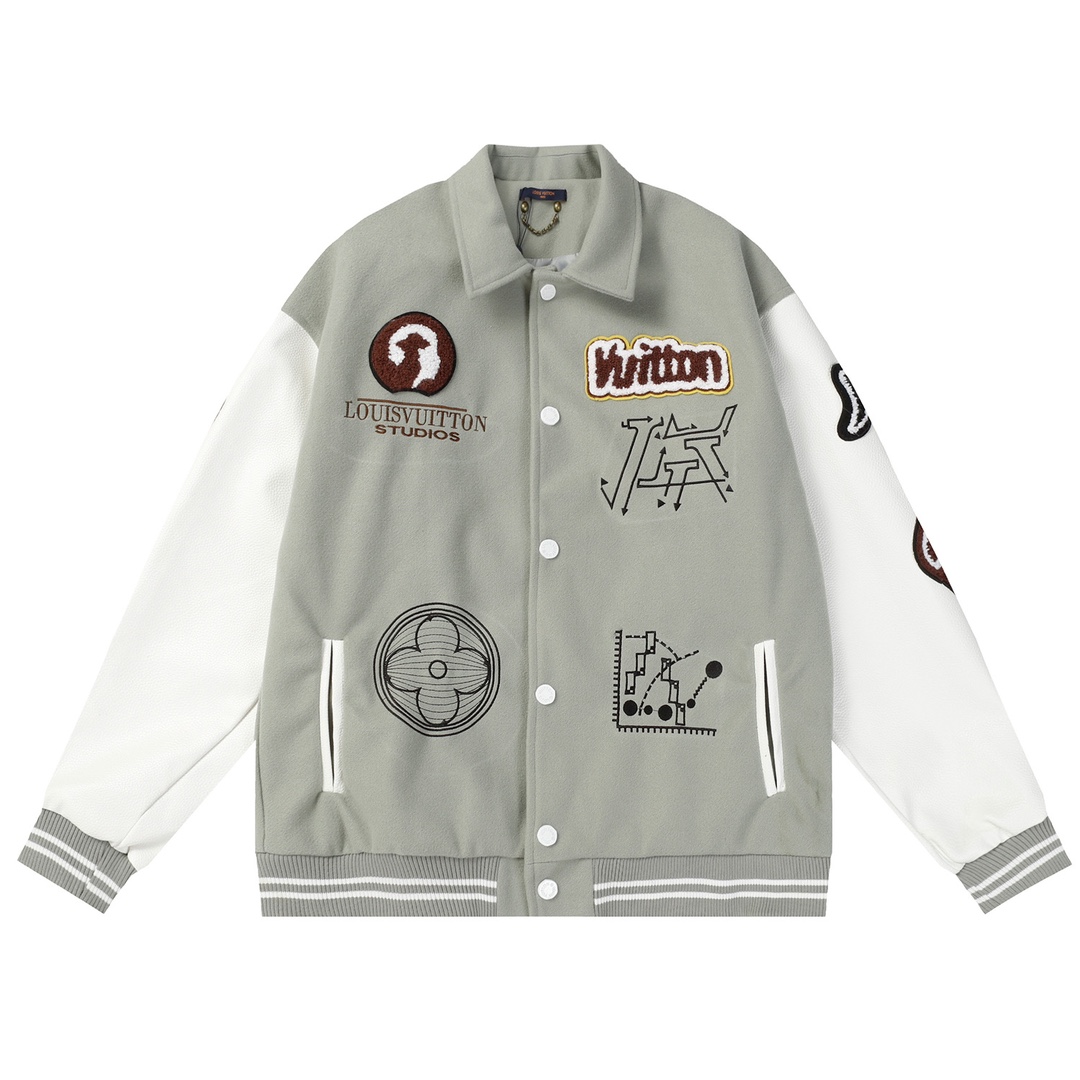 Lychee-textured cowhide baseball jacket