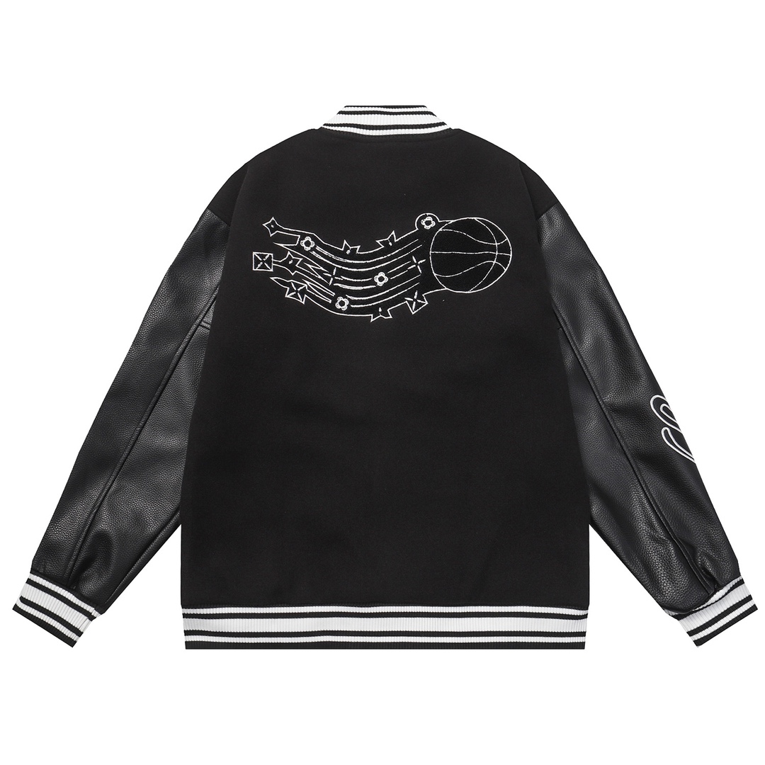 Lychee-textured cowhide baseball jacket