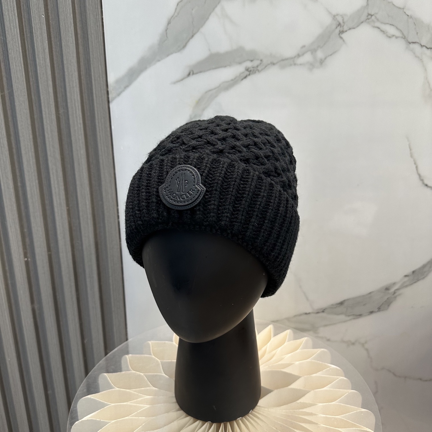 Leather patch cashmere knit beanie
