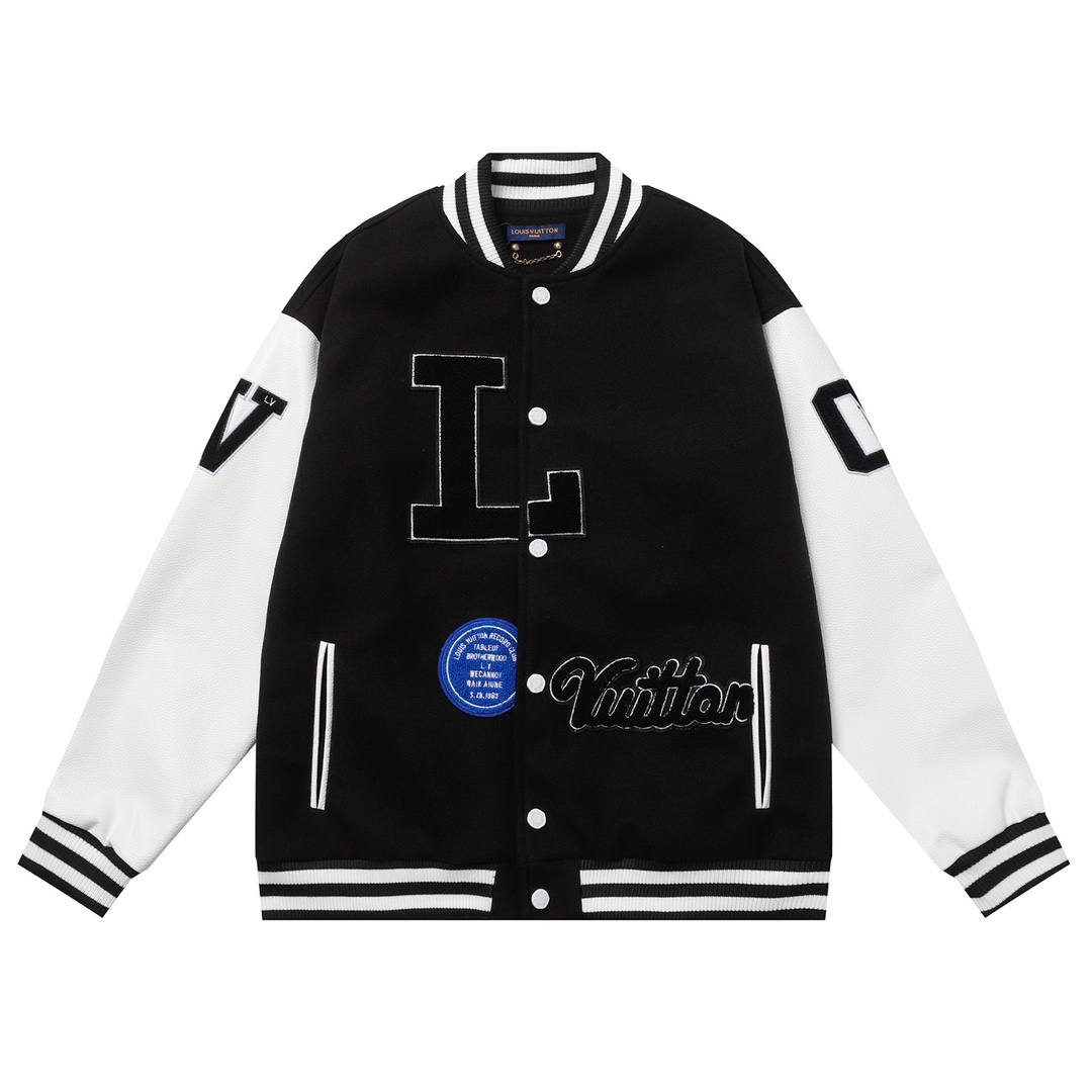 Leather-sleeved embroidered baseball jacket