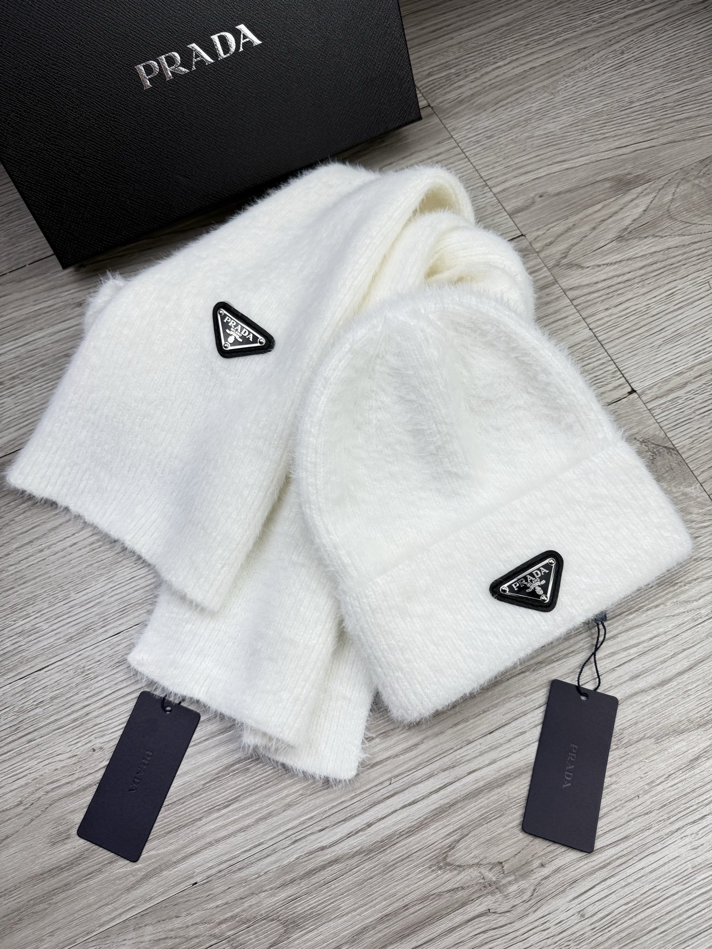 Versatile plush scarf and hat set.