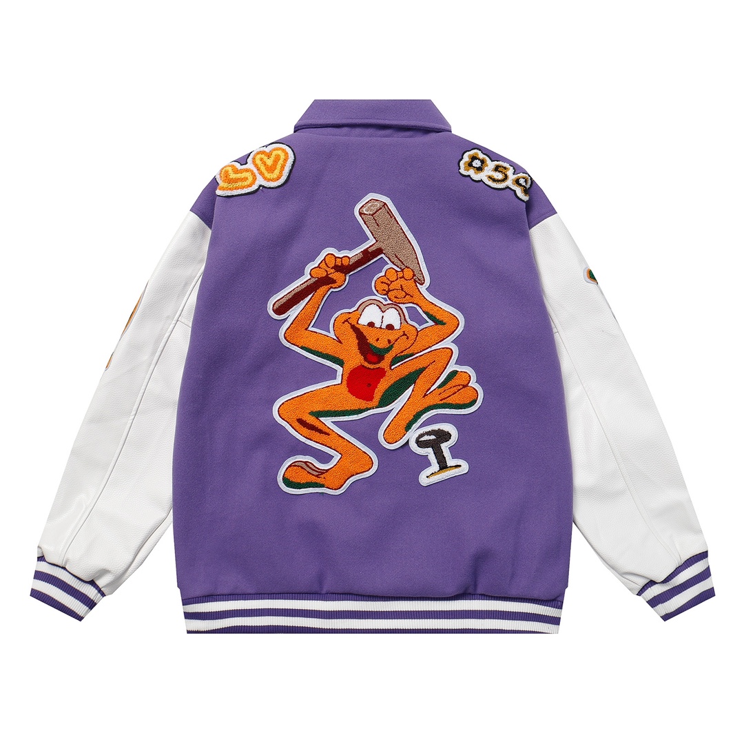 Leather-sleeved embroidered baseball jacket
