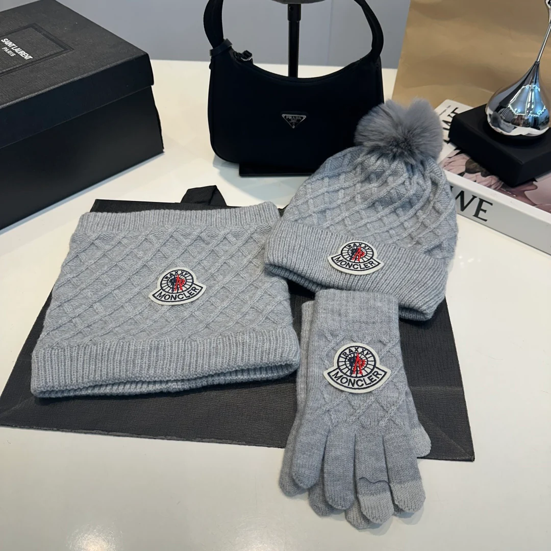 Embroidery knitted scarf hat gloves set