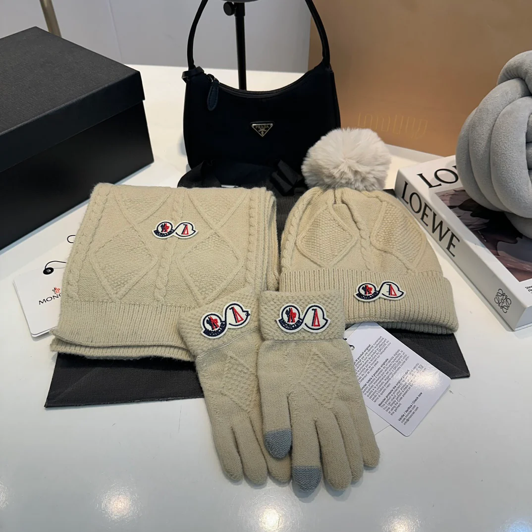 Embroidery knitted scarf hat gloves set